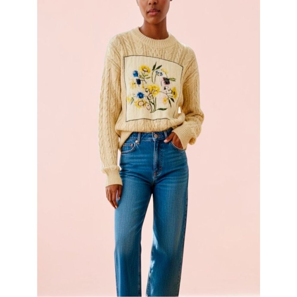POL Cableknit ButterYellow Floral Embroidered Placket Cotton New Sweater NWOT S